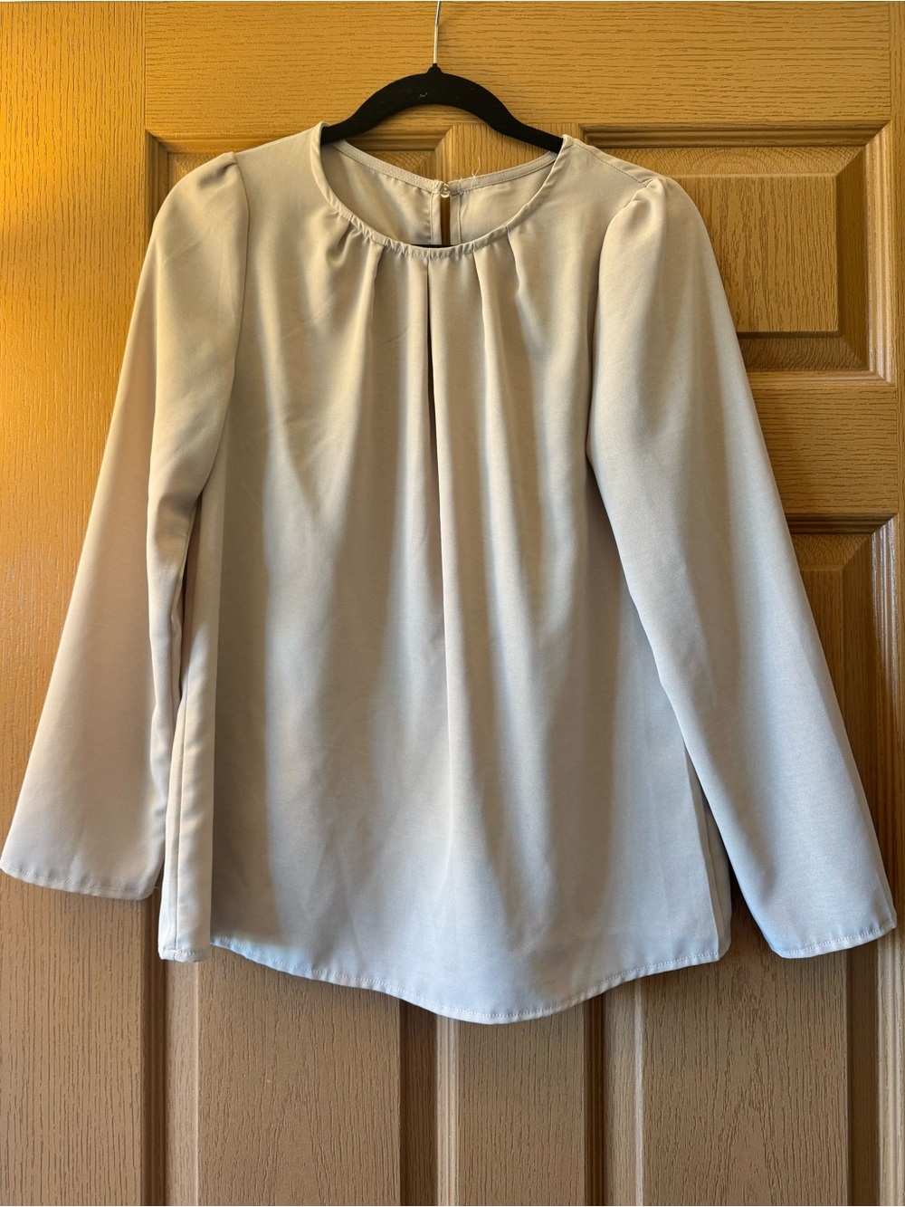 SHEIN Cream Long-Sleeve Pleated Round-Neck Blouse